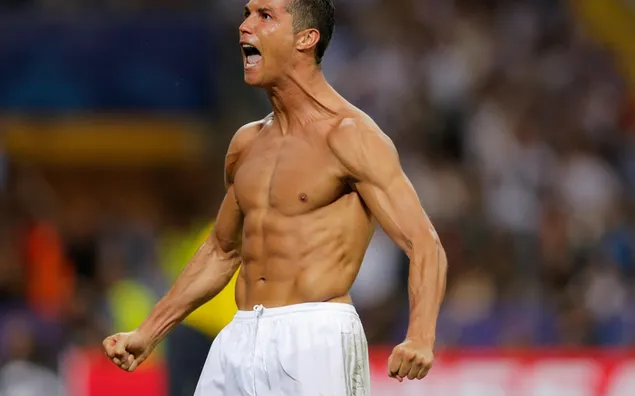 Shirtless Ronaldo roaring in the middle of the stadium 