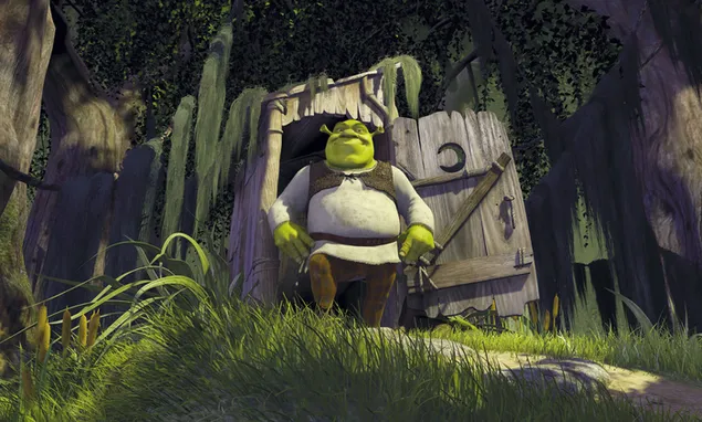 Shrek devant la porte de l'ancienne maison des marais dans la forêt 2K fond d'écran