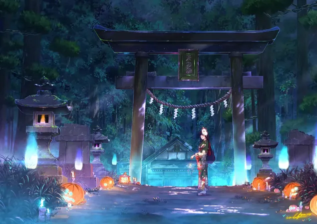Shrine Priestess Celebrating Yokai Festival 2K wallpaper