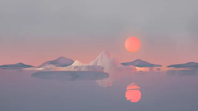 水面に映る真っ赤な満月と雪山が幻想的 ダウンロード