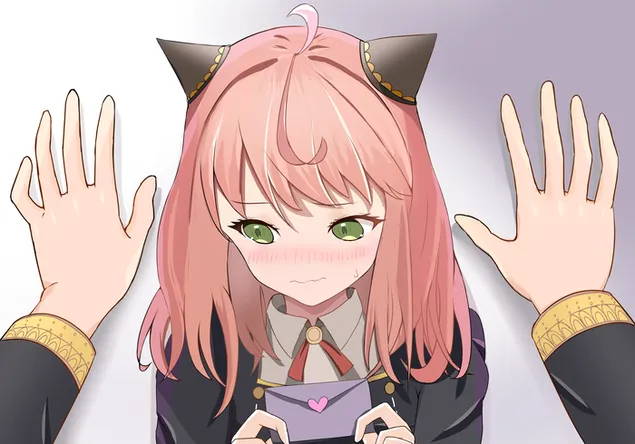 spy x family serisinden pembe sacli, siyah elbiseli, yesil gozlu anime guzel kizin utangac tavri indir