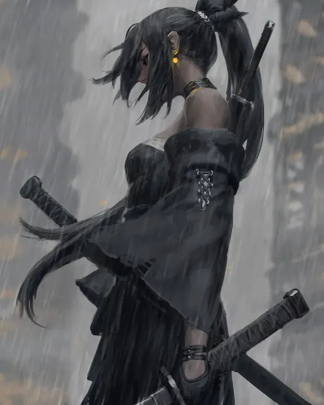 Pose lateral de guerrera anime hermosa mujer vestida de negro, cabello largo negro y espada en la cintura en clima lluvioso descargar