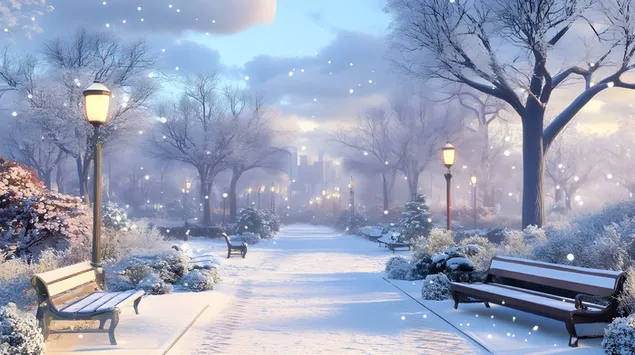 Tiho snježno veče u mraznom parku 4K pozadina