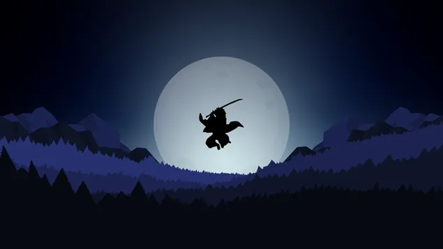 Silhouet van anime-krijger met zwaard met uitzicht op volle maan en volle maan achter bergen en rotsen