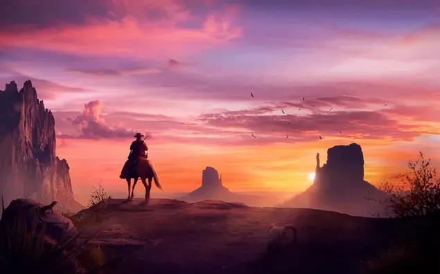 Silhouette eines Cowboy-Reitpferdes, Sonne hinter dem Hügel im Sonnenuntergang