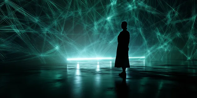 figure siluete ne dhomen futuriste me vija rrjeti te ndezura shkarkim