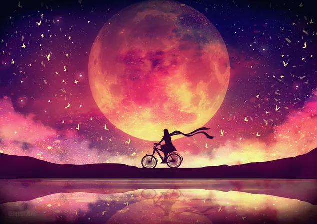 Silueta de chica anime en bicicleta en luna llena descargar