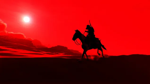 Silhouette of assassins creed character from video game series in red landscape