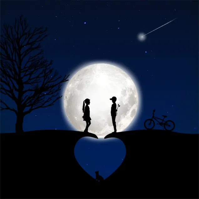 満月の光の中で会うカップル、木、自転車のシルエット ダウンロード