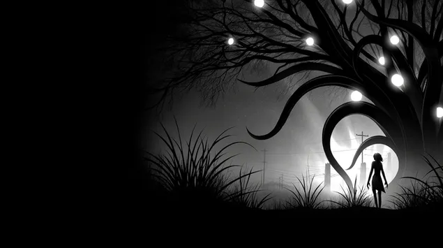 Silhouette einer Frau am leuchtenden Baum in der Nacht, unheimliche Szene 2K Hintergrundbild