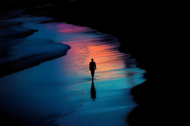 silhoeetwandeling deur sonsondergangrefleksies aflaai