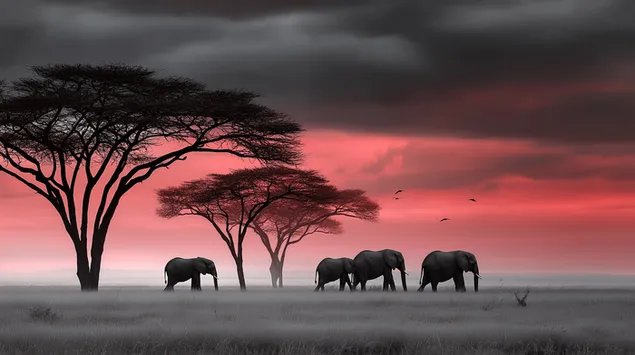 Ταπετσαρία Σκιαγραφημένοι ελέφαντες σε ένα δραματικό τοπίο 2K