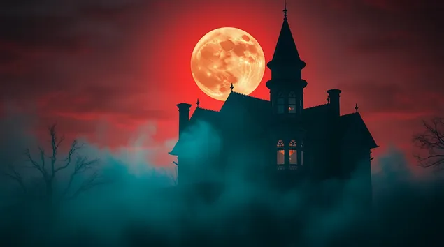 silueta uklete viktorijanske vile pod krvavim mjesecom, osvijetljena pozadi naspram tople terakota boje i hladnog tirkiznog neba preuzmi