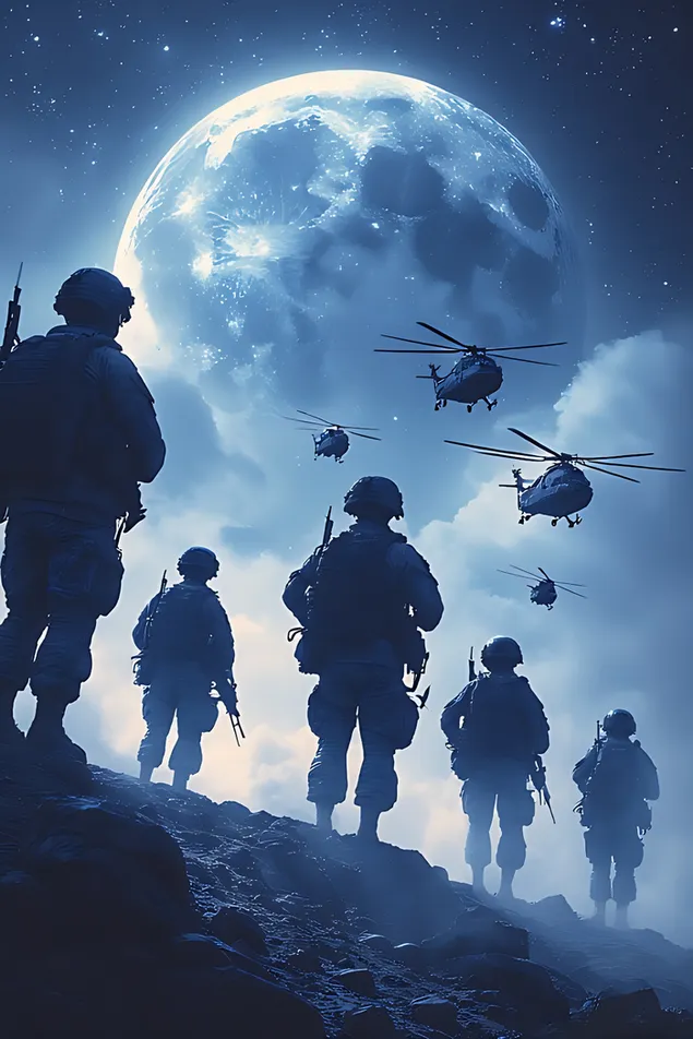 soldados silhuetados permanecem fortes sob um ceu iluminado pela lua, guardando a paz e a liberdade sob as estrelas do destino download