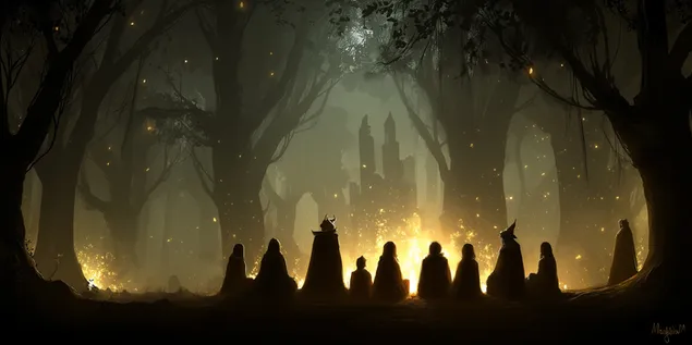 siluety postav kolem zariciho ohne v temnem lese stahnout