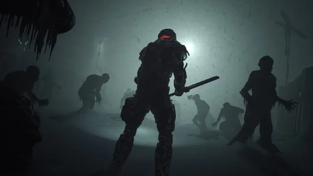 صور ظلية لشخصيات اللعبة تقاتل في ساحة المعركة في لعبة فيديو Callisto Protocol 4K خلفية