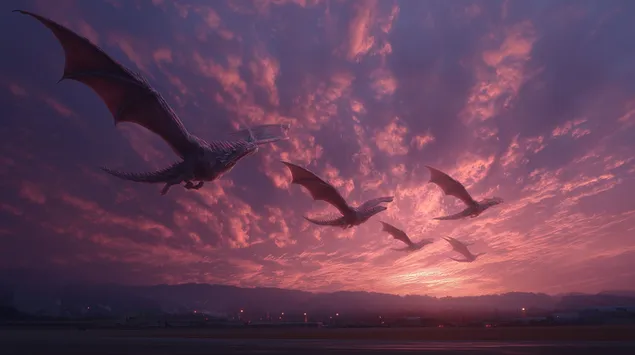 Silhuetter av majestetiske drager svever over en dramatisk daggryhimmel 2K bakgrunn