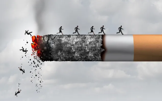 Siluetas de personas que caen del tabaco quemado de acigarette perjudicial para la salud humana 2K fondo de pantalla