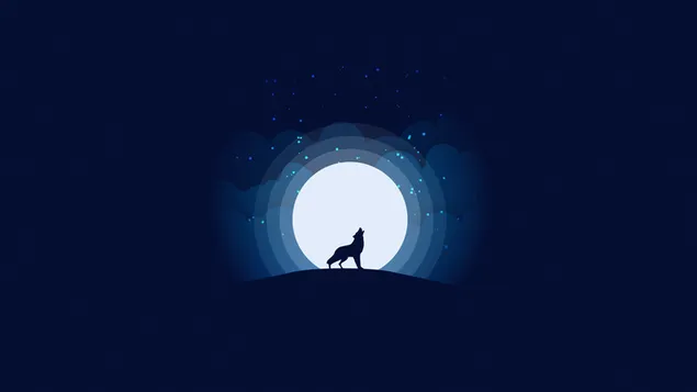 Silueta azul medianoche de lobo aullando en paisaje de luna llena