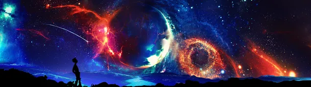 Silueta humana con coloridos planetas y estrellas dibujados por computadora