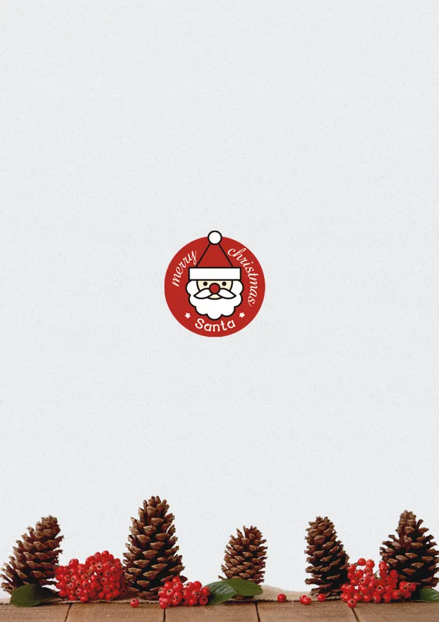 Eenvoudige vrolijke kerstgroeten van schattige kerstman met dennenappels en maretak 2K achtergrond