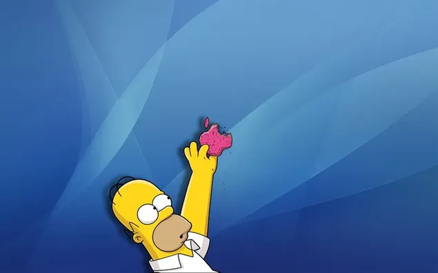 Simpsons stripfiguur vader Homer Simpson probeert rood Apple-logo op blauwe achtergrond te zetten