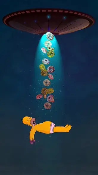 kreslena postavicka simpsonovych homer simpson sni o tom, ze z jeho vesmirne lodi prsi koblihy a koblihy stahnout