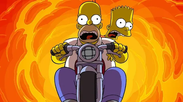 Simpsons 만화 캐릭터 Homer Simpson과 Bart Simpson은 오토바이에서 걱정스러워 보입니다. HD 배경화면
