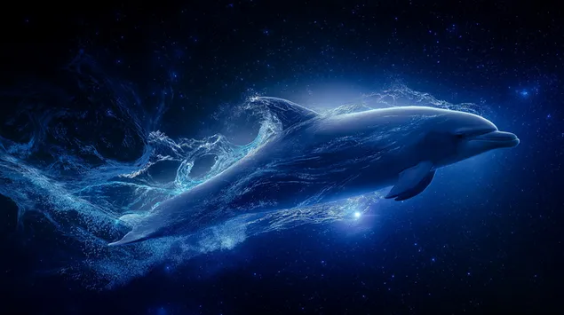 Lumba-lumba Tunggal Melompat Melalui Lautan Malam Berbioluminesen 2K kertas dinding