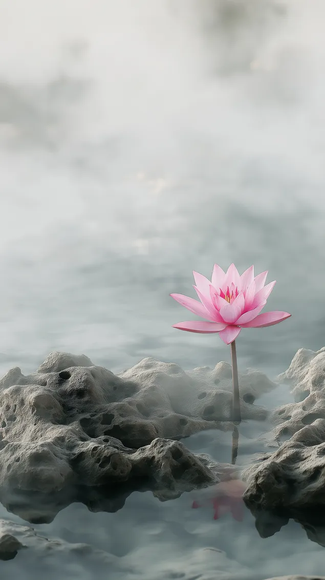 Pavienis lotosas kyla iš vandens paviršiaus tarp panirusių akmenų HD ekrano užsklanda