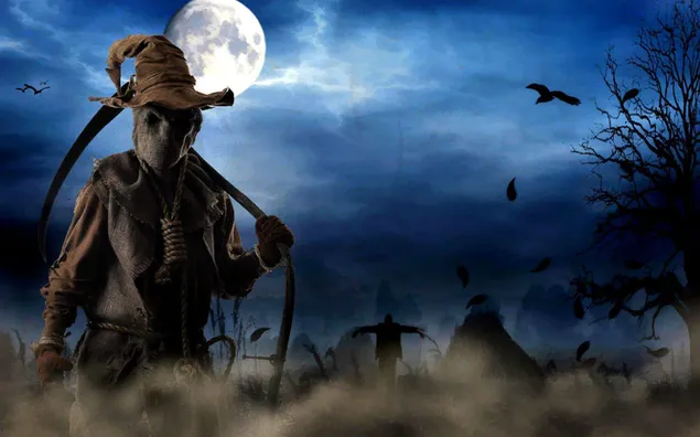 Skelet en vleermuizen bij de volle maan van Halloween HD achtergrond
