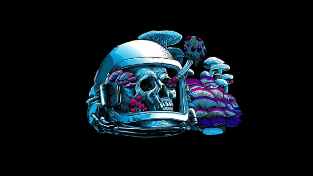 Skeleton astronaut head and blue mushrooms 4K wallpaper