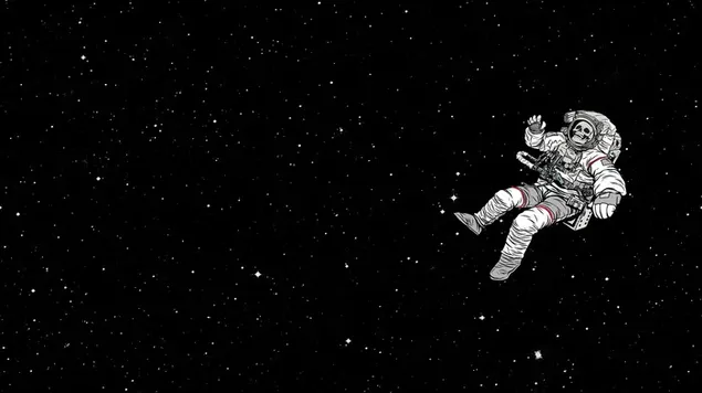 宇宙空間の星の間の暗い無重力空間のスケルトン宇宙飛行士