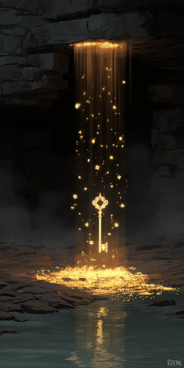 kostrovy kluc vznasajuci sa v prude svetielkujucich magickych castic stiahnut