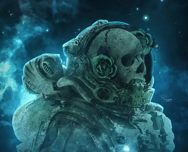 Schädelastronaut, der eine Blume in seinem Ohr trägt