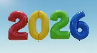 Horizonte azul-celeste com balões flutuantes em 3D com o número "2026" subindo no ar. 8K papel de parede
