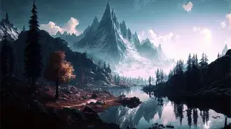Skyrim - një muzg i ftohtë, interpretim i peizazhit të ftohtë të mahnitshëm të maleve Jerall nga Skyrim 4K sfond
