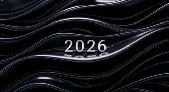 Гладкие чёрные абстрактные волны с серебряным узором по центру «2026» — минималистичные и роскошные нотки 8K обои