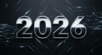 Design elegante em preto cromado com o ano 2026 em tom metálico, exibido em uma estética tecnológica futurista. 8K papel de parede