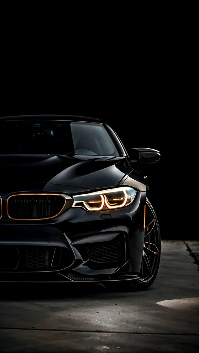 מכונית סדאן יוקרתית שחורה ואלגנטית עם פנסים מוארים על רקע כהה 2K טפט