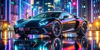 Tapeta Elegantní černé luxusní sportovní auto pod neonovými světly v moderním panorámu města 4K