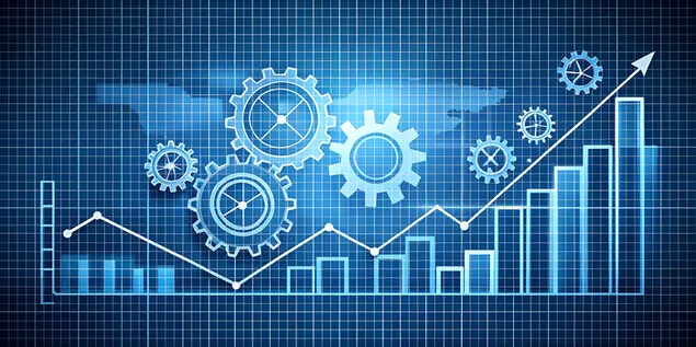 Taustpilt Stiilne mustrikujundus hammasrataste, graafikute ja tõusvate nooleikoonidega 4K