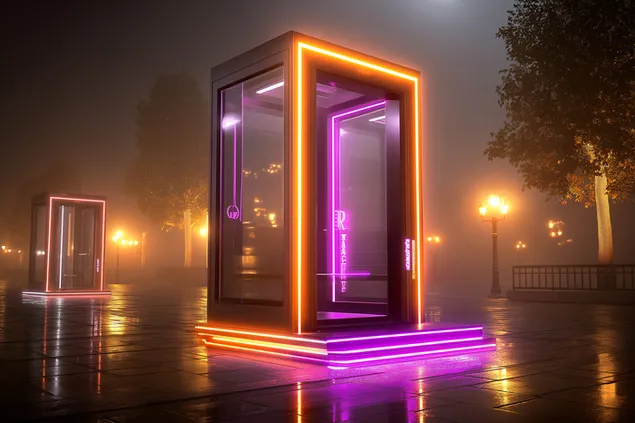 elegantna st''klena telefonna kabina s yarko neonovo osvetlenie izteglyane