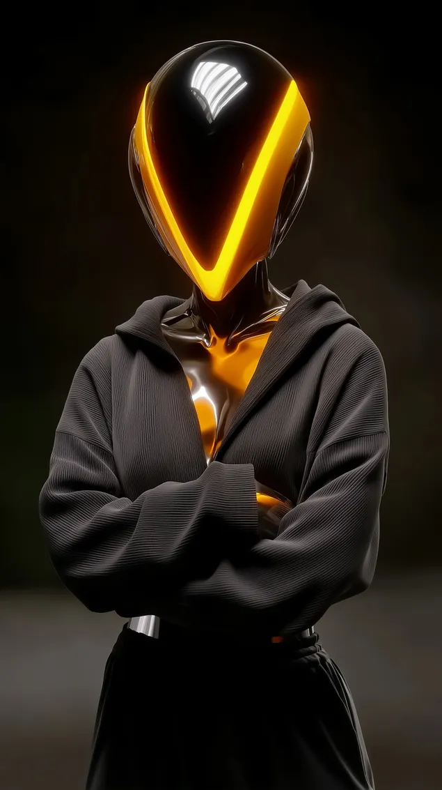 Hình nền Robot hình người bóng bẩy mặc áo hoodie giản dị, khoanh tay và đội mũ che mặt HD