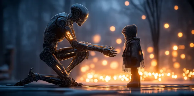 elegantni robot kleci suocen s malim djetetom nasuprot jarkom bokeh svjetlu preuzmi