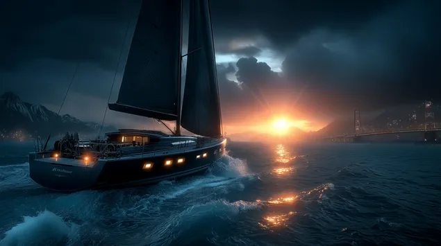 elegant segelboot, dat an eng bucht mat sonnenennergang gliddt eroflueden