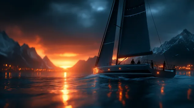 Páipéar balla Bád Seolta Galánta ar Uiscí Garbha i gCoinne Luí na Gréine Drámatúil2K