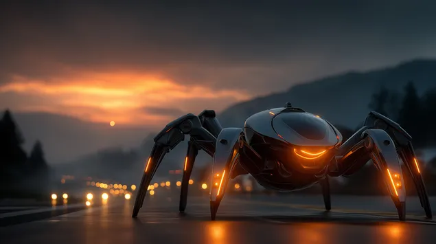 황혼 무렵 빛나는 디테일을 갖춘 세련된 거미 로봇 2K 배경화면