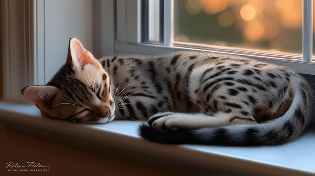 Slaperige Gevlekte Kat Opgekrul op 'n Sonnige Vensterbank 2K muurpapier