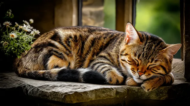 Slaperige Tabbykat Opgekrul in 'n Sonverligte Venster 2K muurpapier